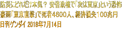 防災にどれだけ本気？ 安倍政権で「次は東京」という恐怖 豪雨「東京直撃」で死者４６００人、経済損失１００兆円 日刊ゲンダイ 2018年7月14日