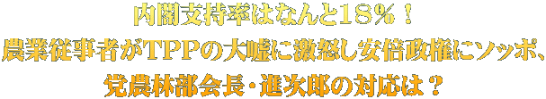 内閣支持率はなんと18％！ 農業従事者がTPPの大嘘に激怒し安倍政権にソッポ、 党農林部会長・進次郎の対応は？