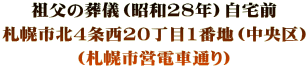 祖父の葬儀（昭和28年）自宅前 札幌市北4条西20丁目1番地（中央区） （札幌市営電車通り）