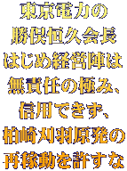 東京電力の 勝俣恒久会長 はじめ経営陣は 無責任の極み、 信用できず、 柏崎刈羽原発の 再稼動を許すな